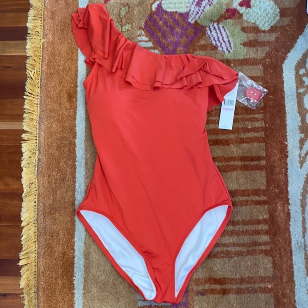Carmen Marc valvo red sunset one shoulder ruffle swimsuit one piece 6